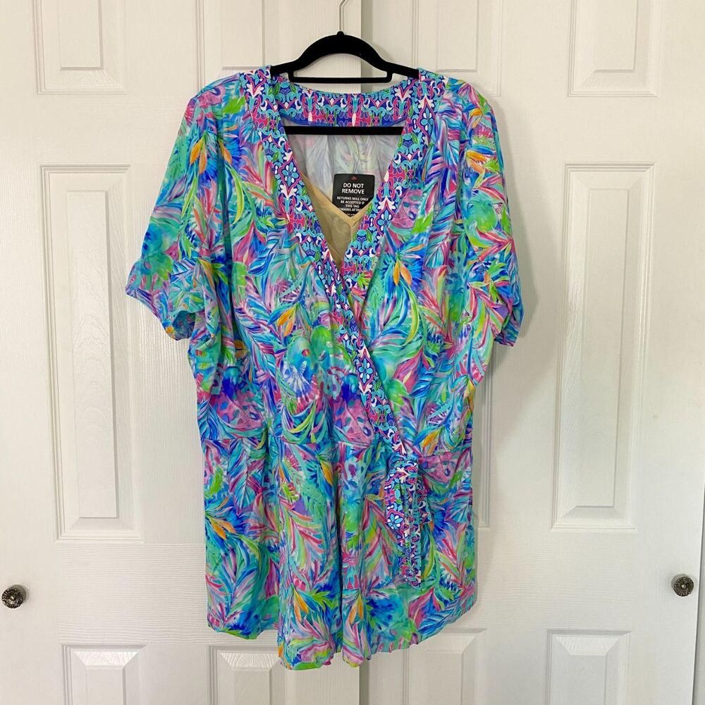 NWT Swim 365 Faux Wrap Tankini Top Tunic Rainbow Tie Dye Palm Size US 32 4XL